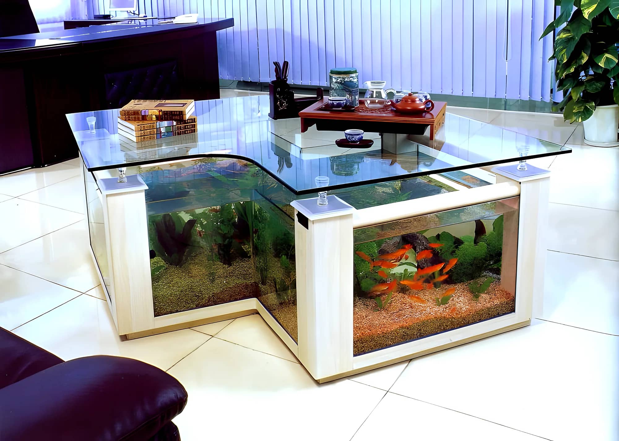 L-shaped aquarium coffee table with a glass top in an office