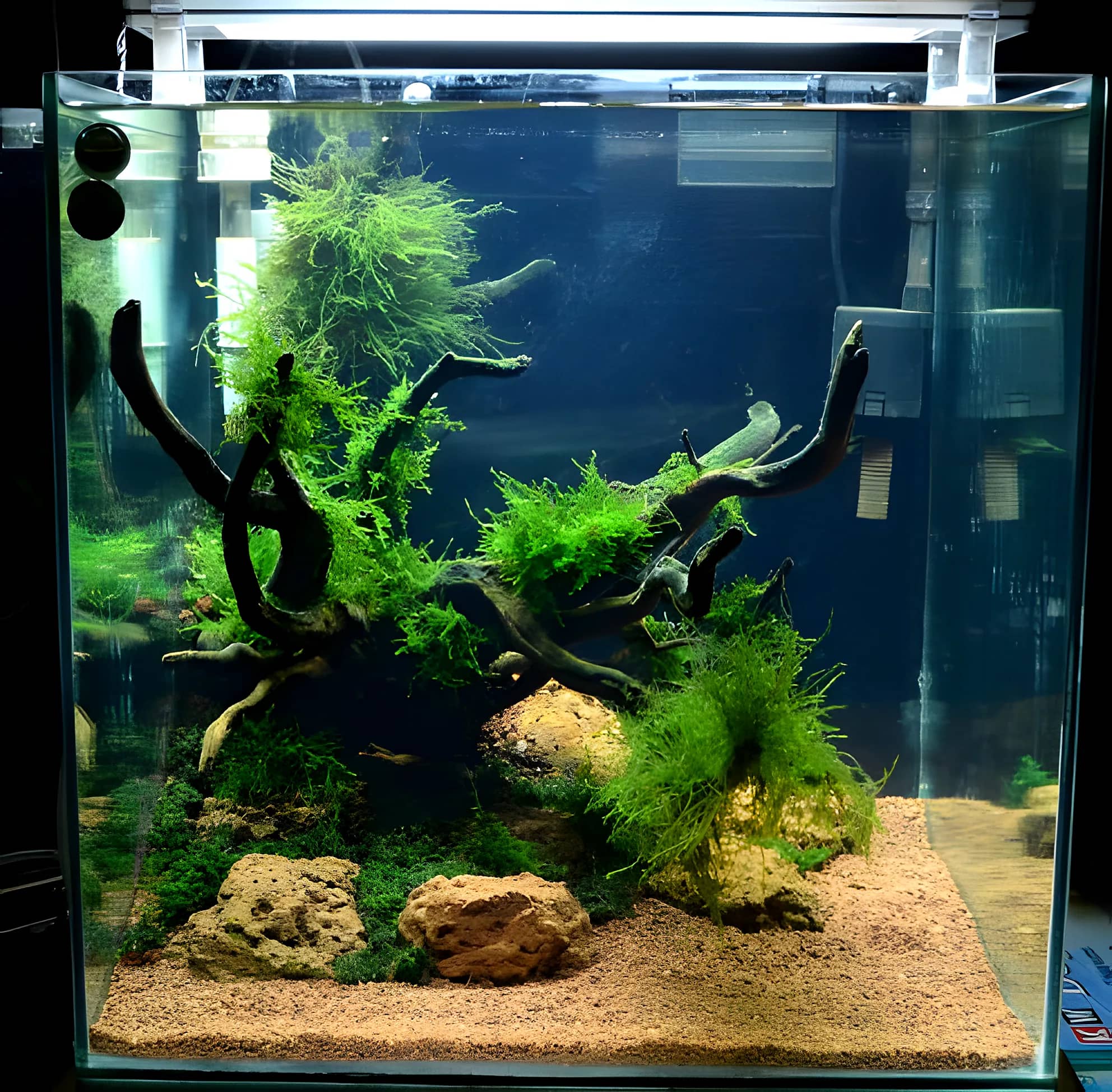 Cube aquarium with twisted driftwood, moss and stones