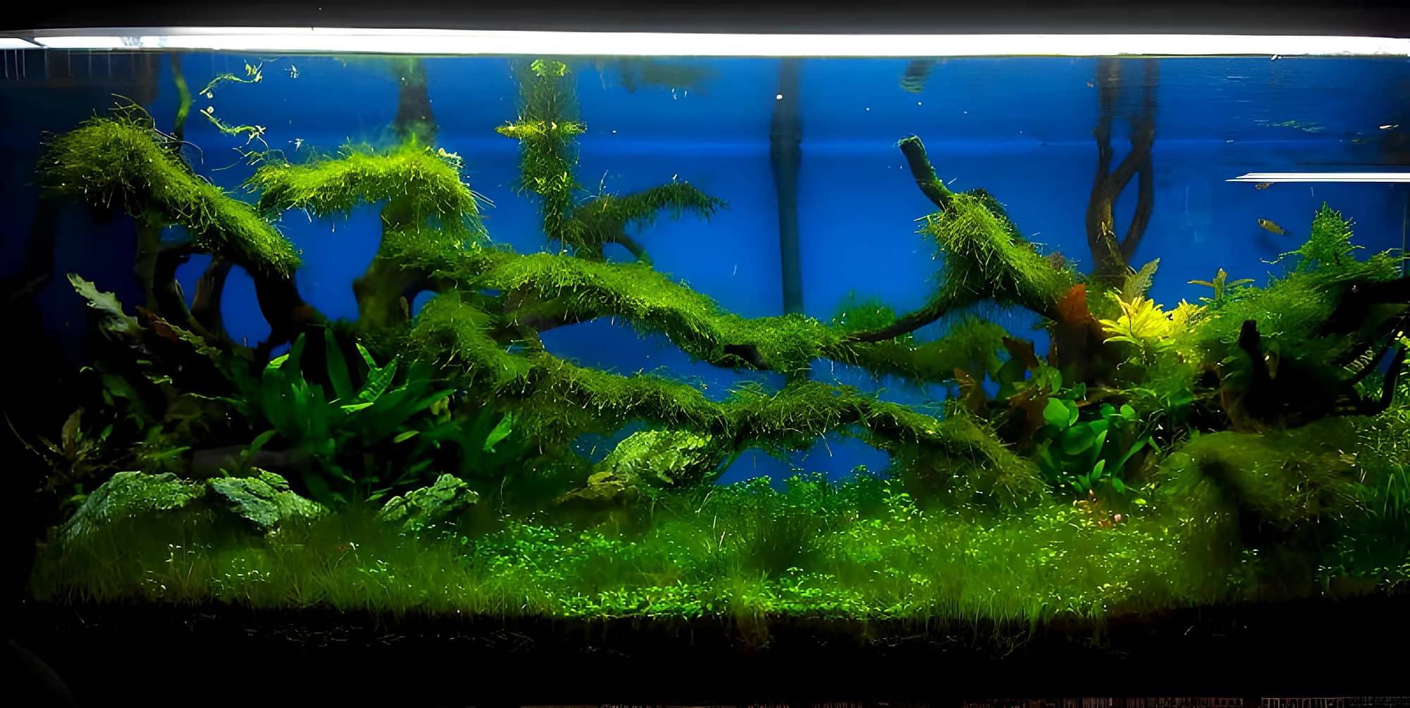 Long driftwood branches covered in moss across a planted aquarium